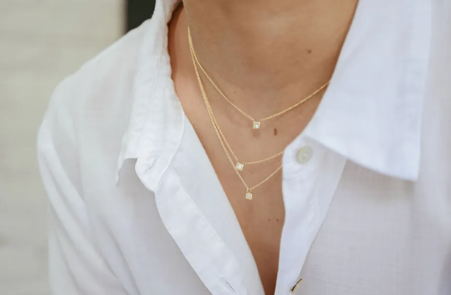18 Karat Gold Diamond Baguette Station Necklace