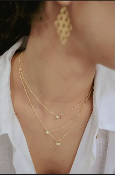 18 Karat Gold Diamond Baguette Station Necklace