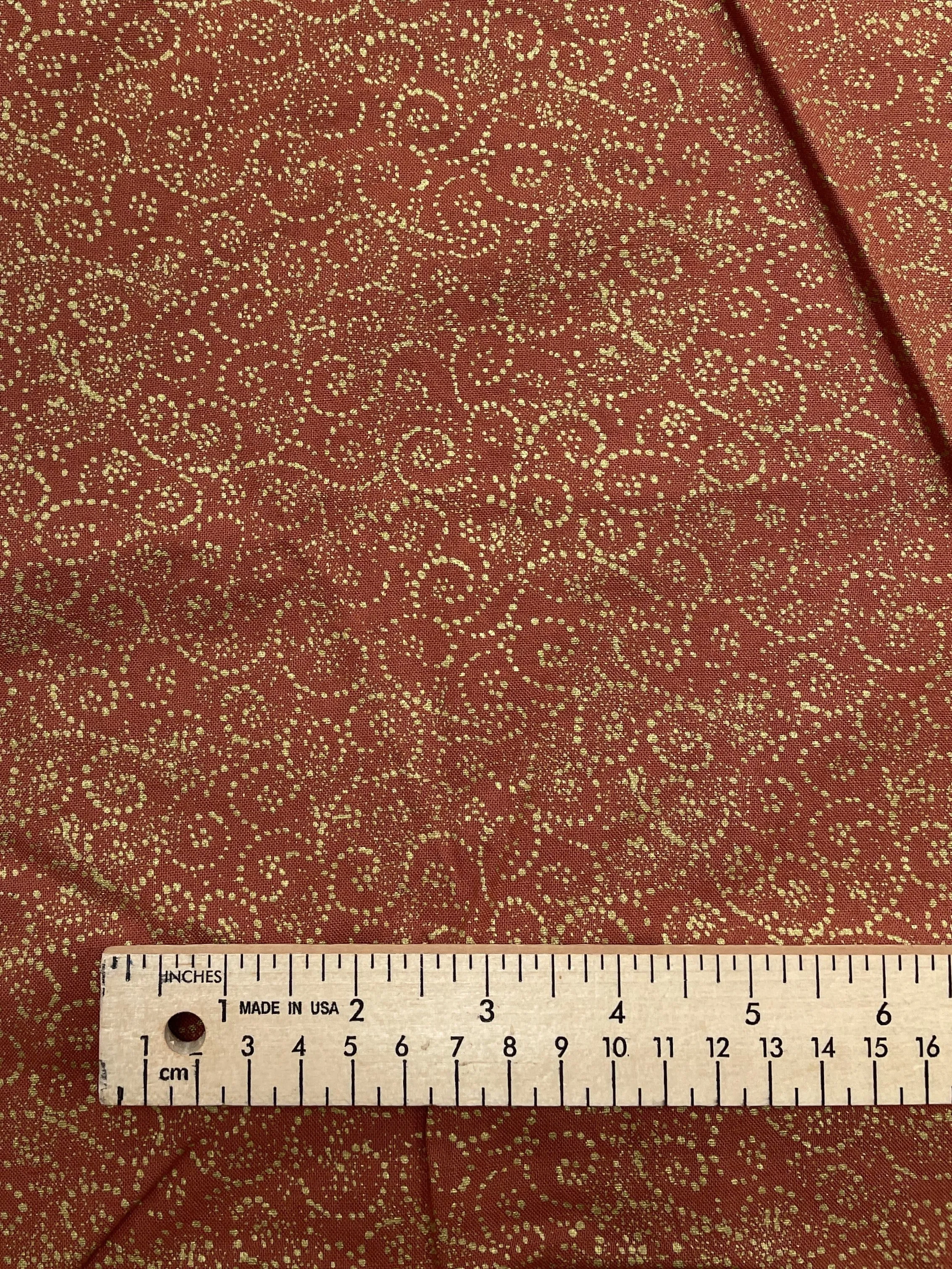 3 3/4 YD Cotton - Burnt Orange with Metallic Gold Dots in Swirls