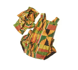African Kente Baby Romper with Head Wrap