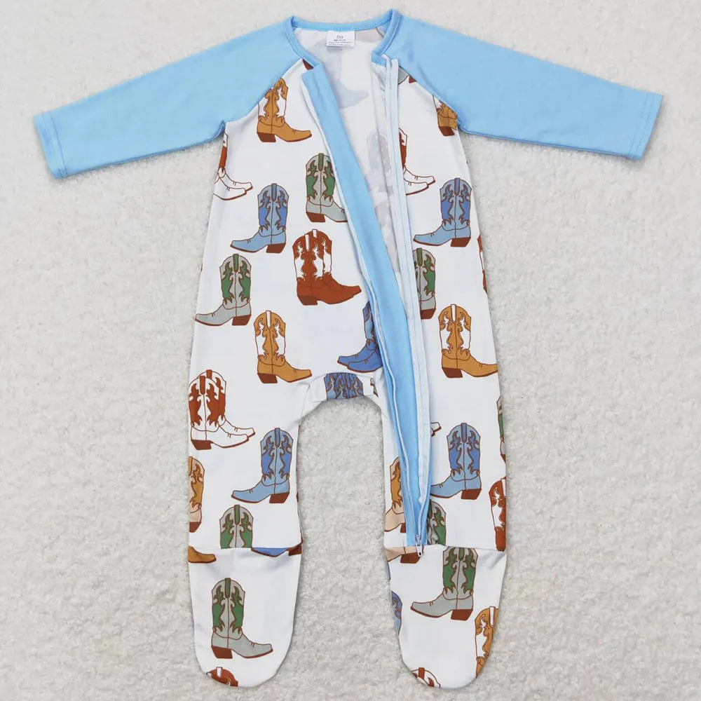 Baby Infant Boys Romper Western Blue Boots Zip Sleepers Rompers LR0853