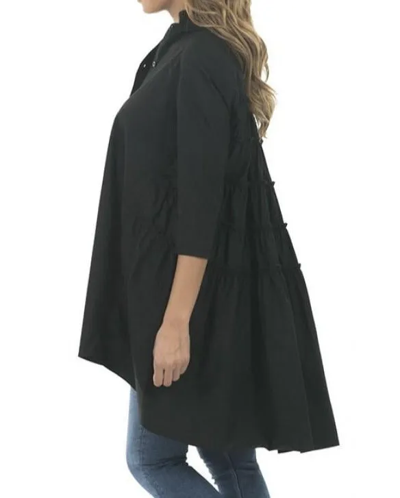 Black ruffle layer detail tunic shirt. 100% cotton
