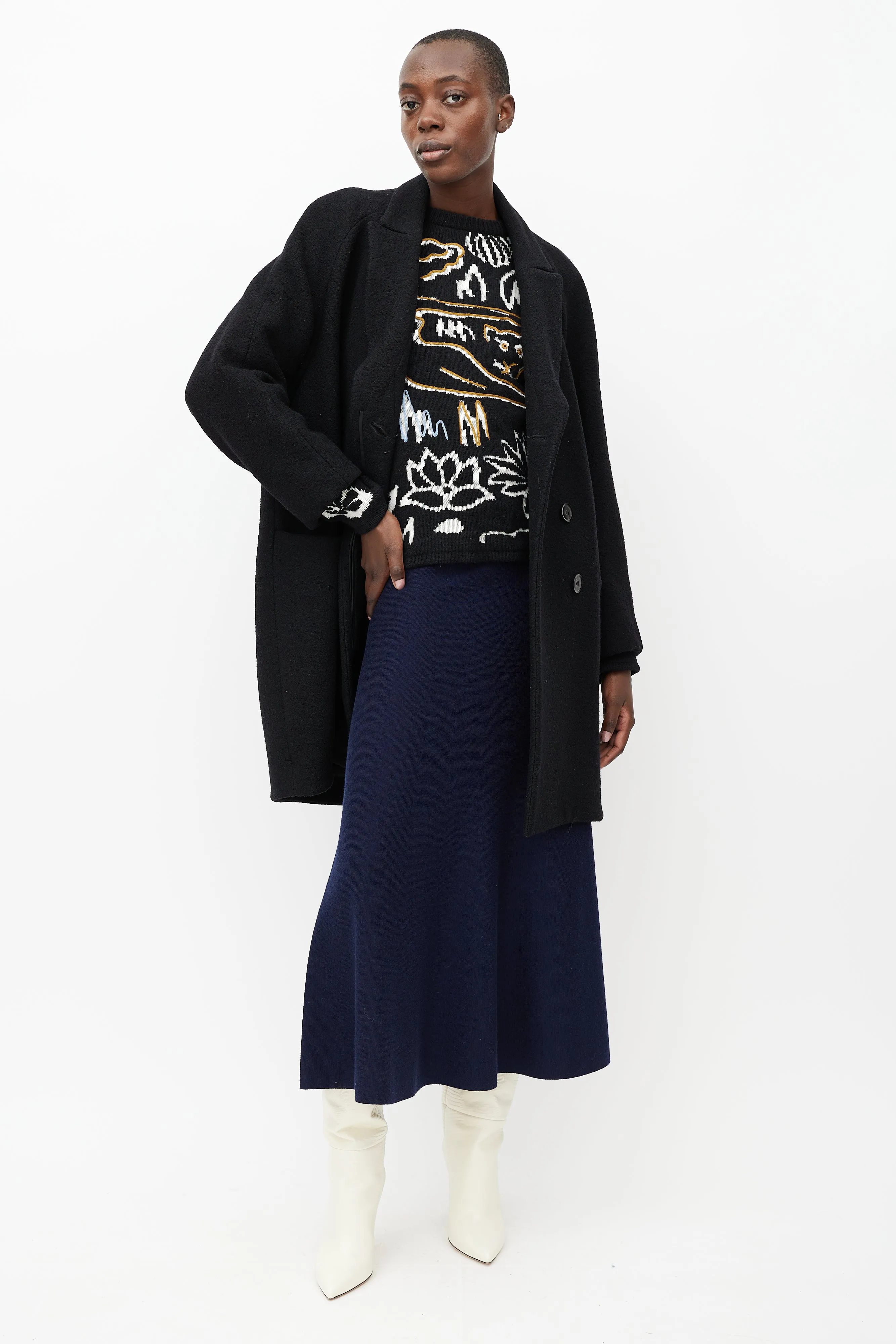 Black Wool Double Breasted Cocoon  Coat