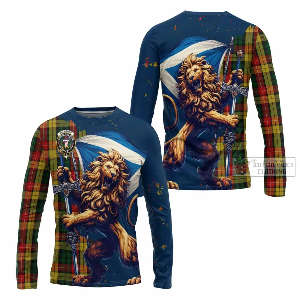 Buchanan Tartan Family Crest Long Sleeve T-Shirt with Scottish Majestic Lion