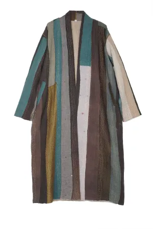 COTTON STRIPE PATCH KANTHA ROBE COAT - cs4329-grn -