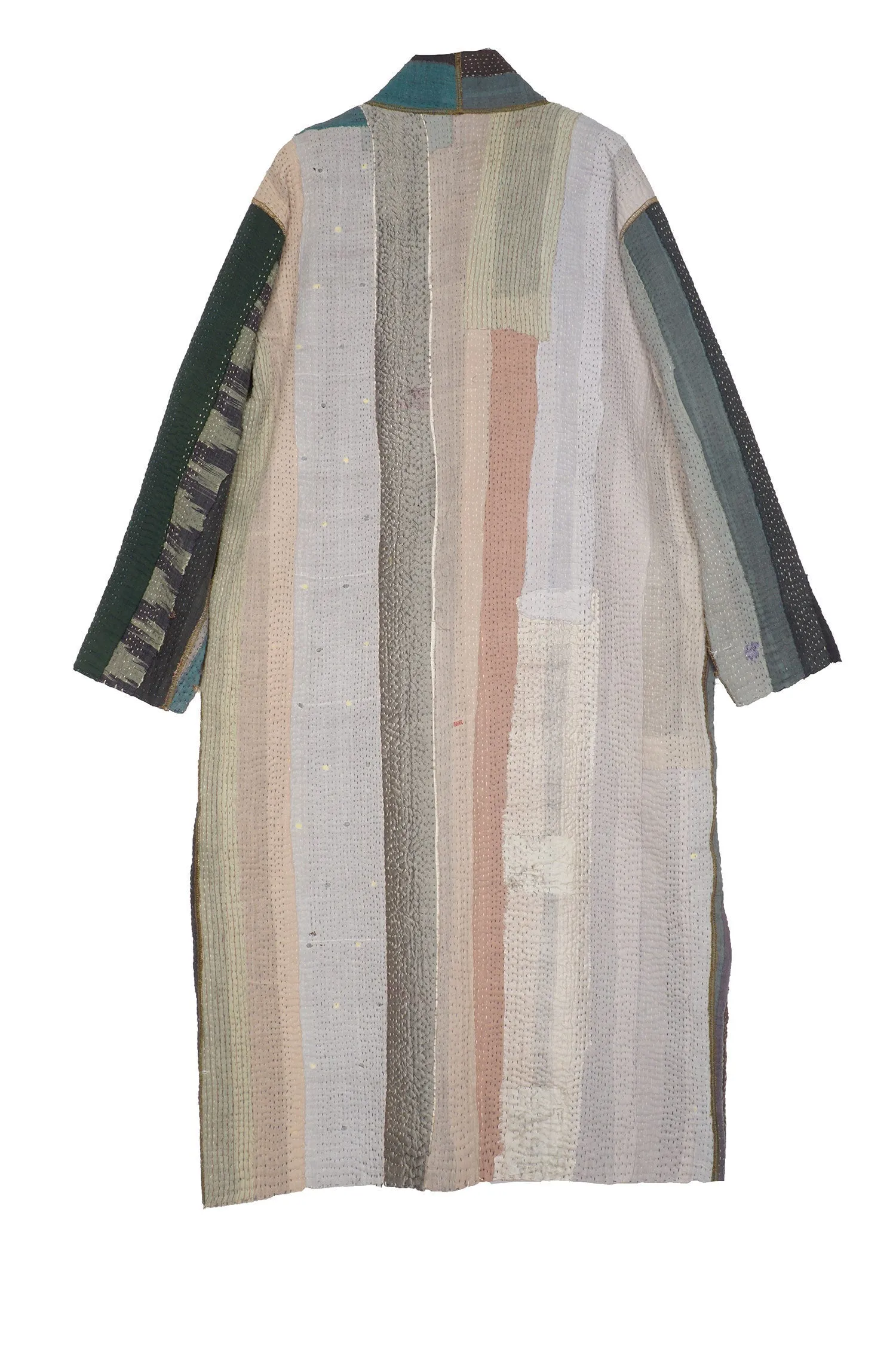 COTTON STRIPE PATCH KANTHA ROBE COAT - cs4329-grn -