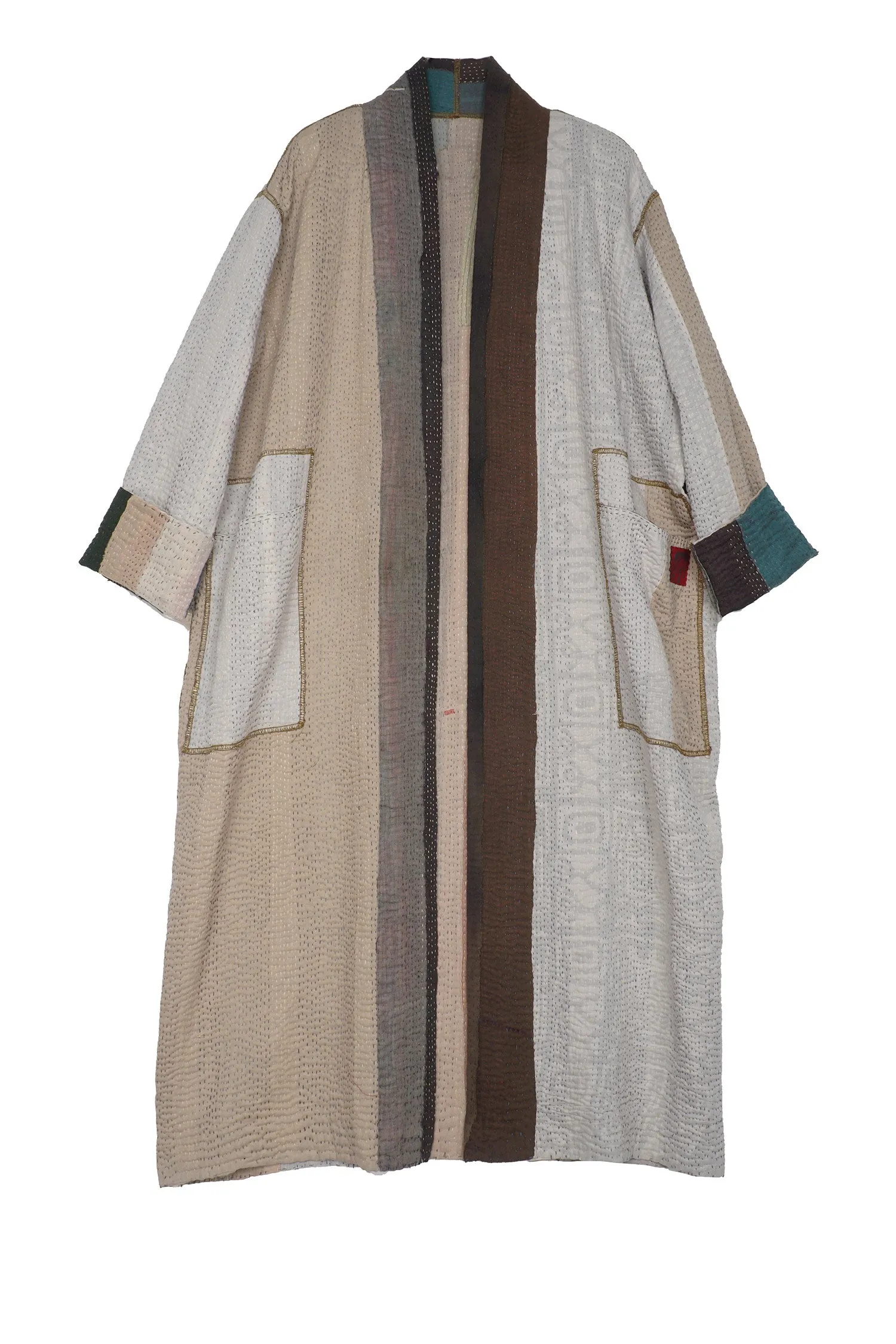 COTTON STRIPE PATCH KANTHA ROBE COAT - cs4329-grn -