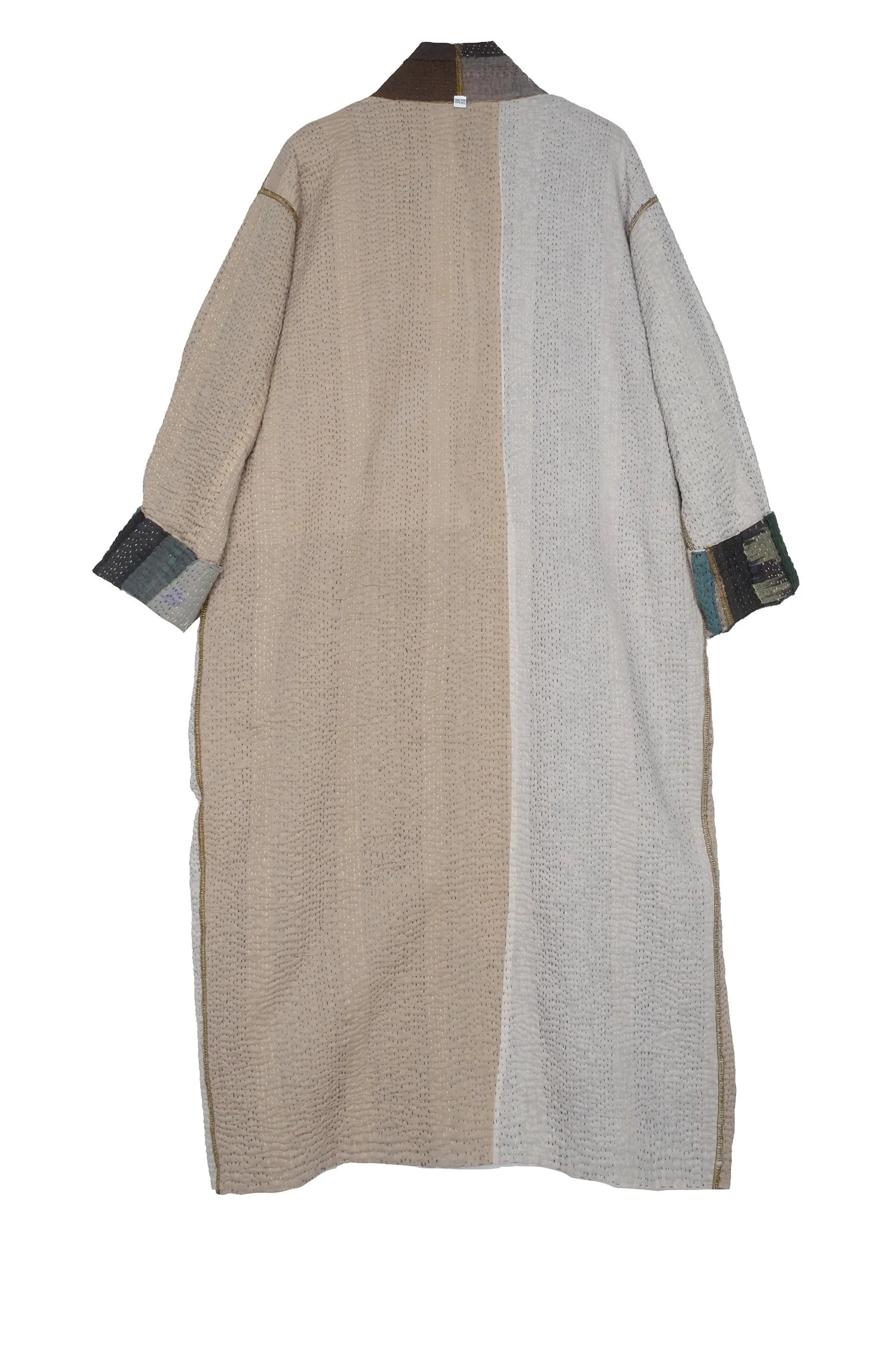 COTTON STRIPE PATCH KANTHA ROBE COAT - cs4329-grn -