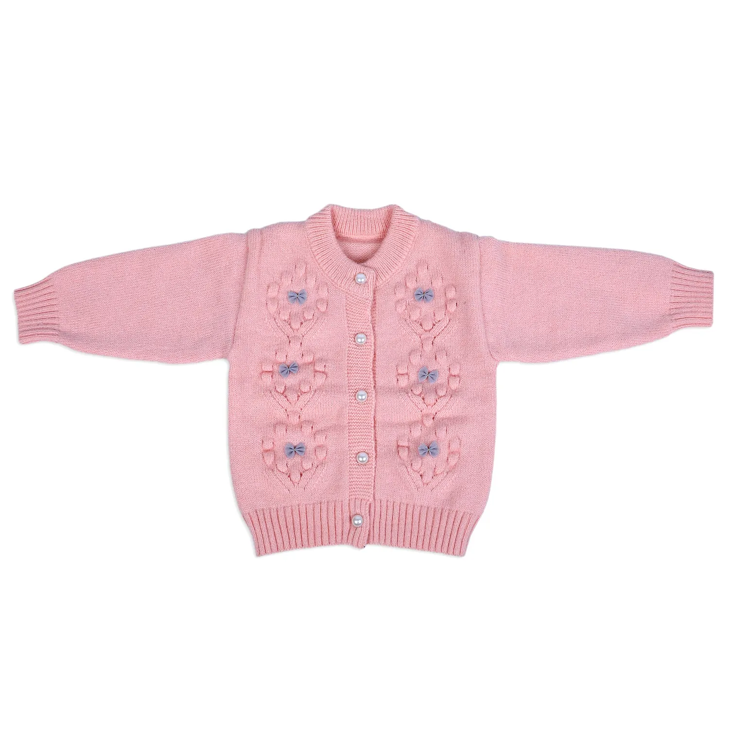 Elegant Bow And Pearl Buttons Premium Full Sleeves Knitted Sweater - Pink