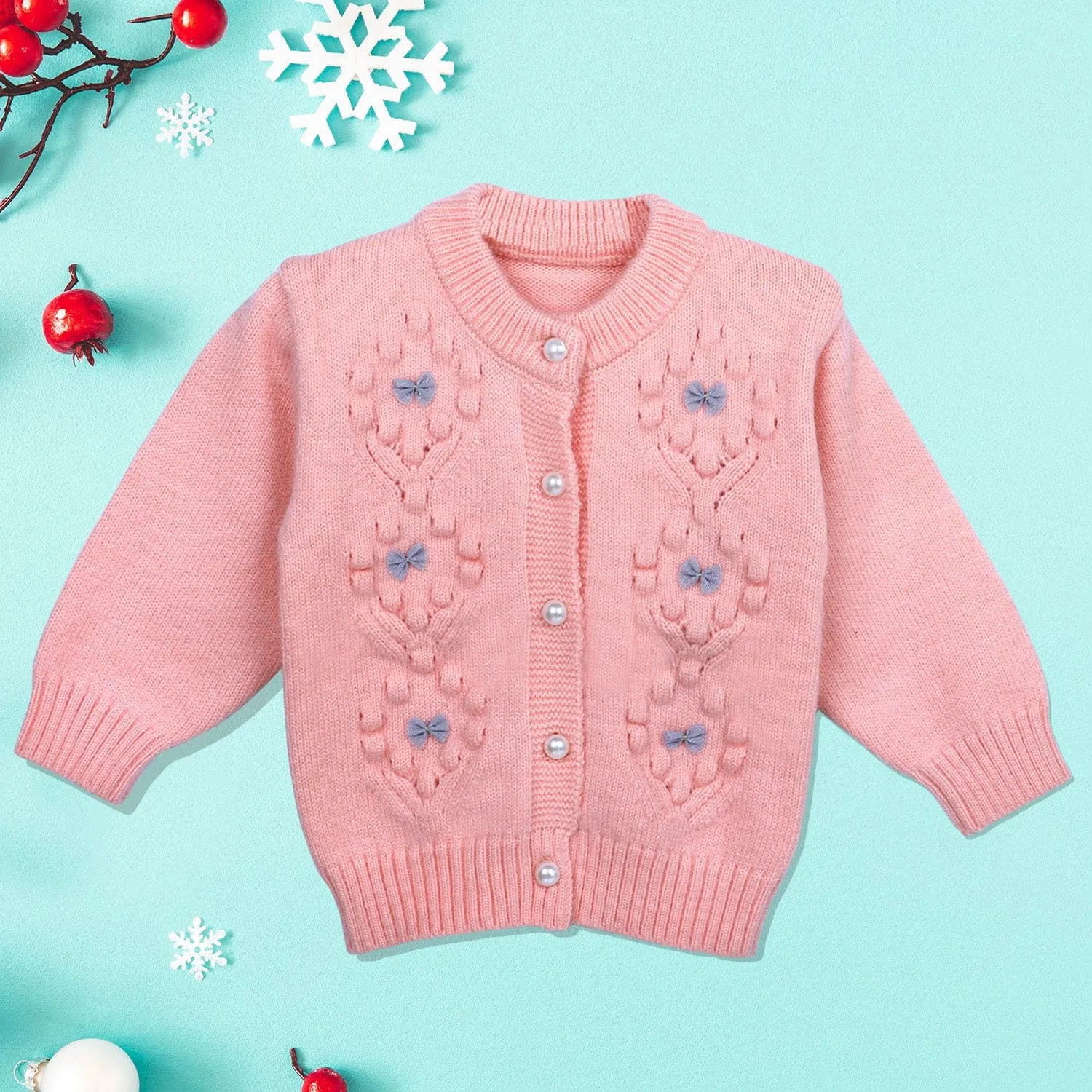 Elegant Bow And Pearl Buttons Premium Full Sleeves Knitted Sweater - Pink