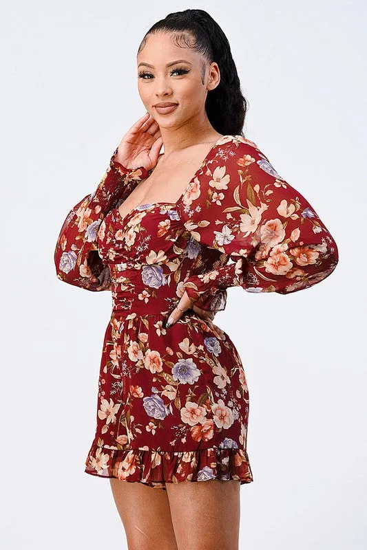 FLORAL SMOCKED SWEETHEART PUFF BELL SLEEVES ROMPER