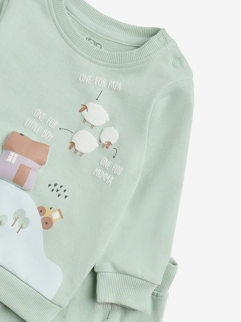 HOP Baby Mint Embossed Cotton Sweatshirt and Joggers Set