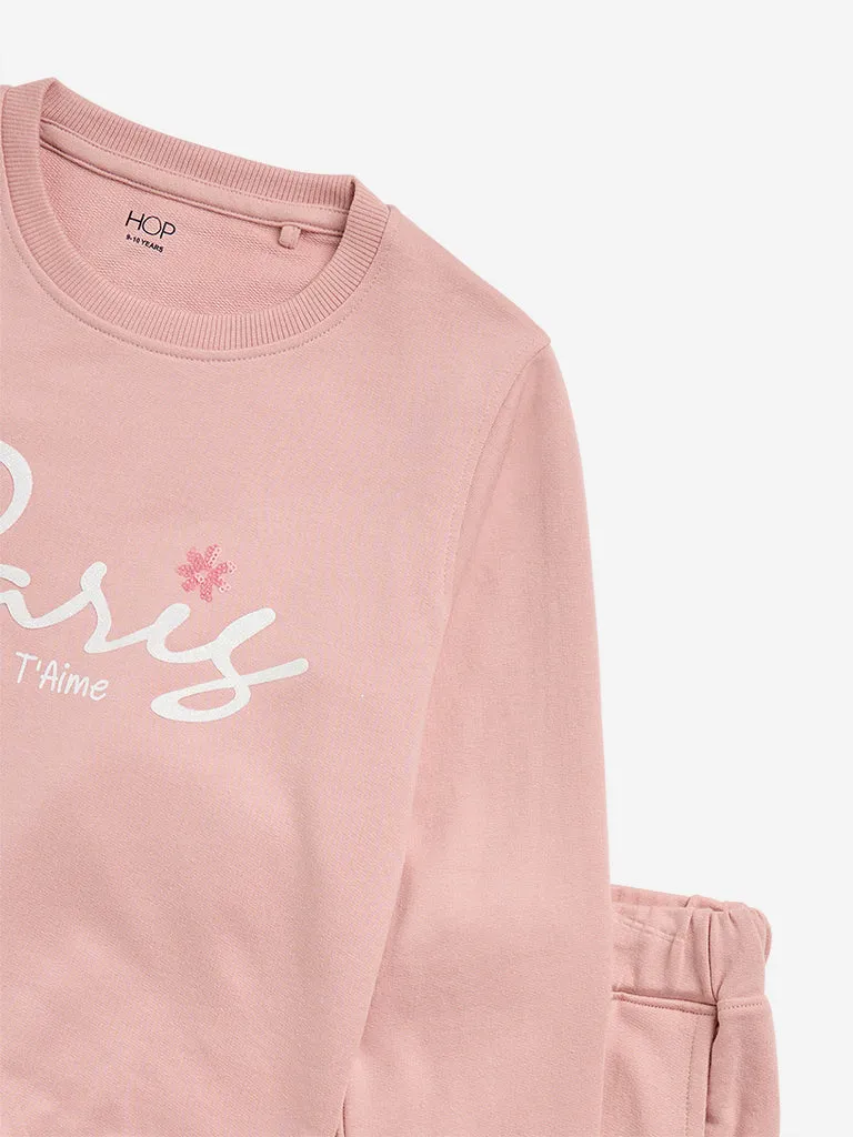 HOP Kids Dusty Pink Text Design Sweatshirt with Joggers Set