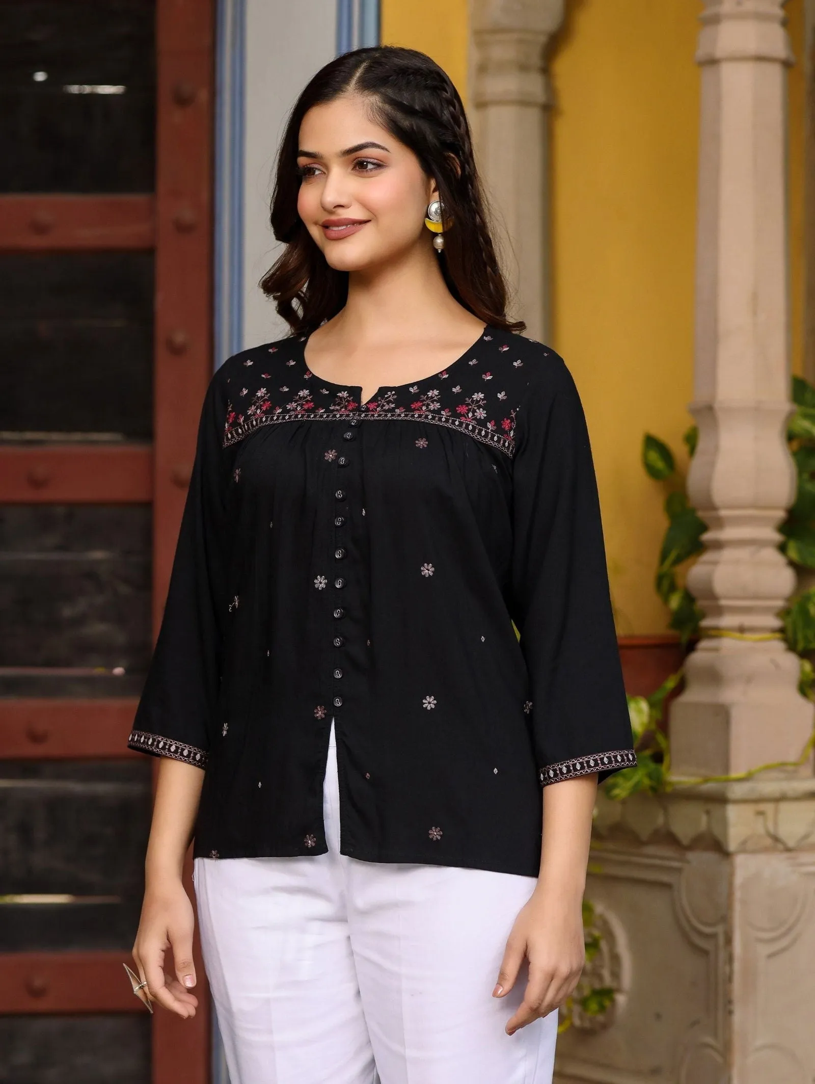 Jashvi Black Rayon Gathered Embroidered Tunic With Buttons