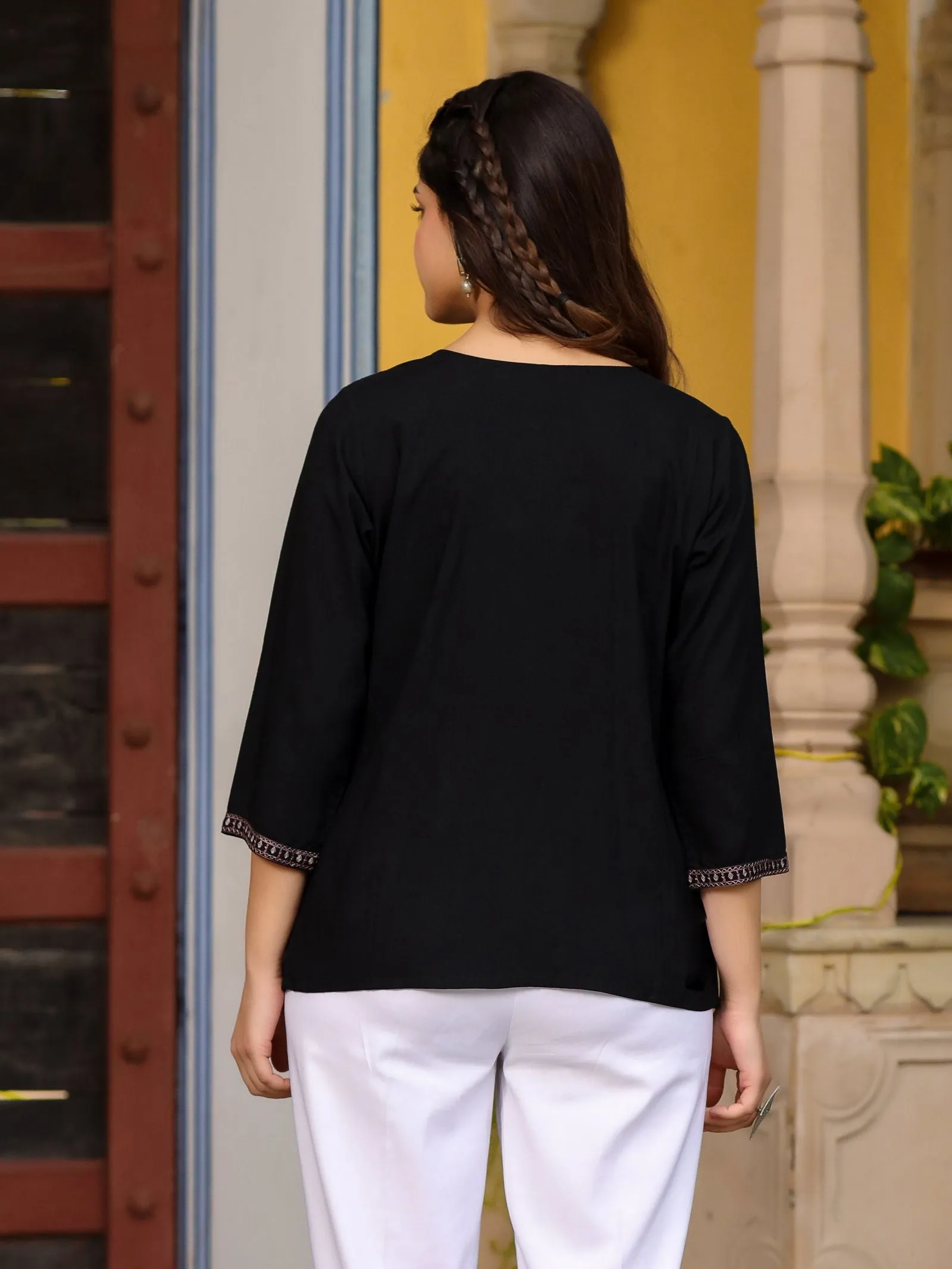 Jashvi Black Rayon Gathered Embroidered Tunic With Buttons