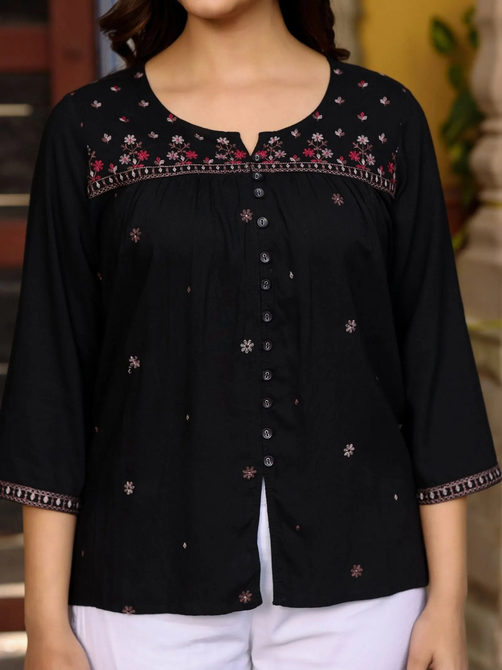 Jashvi Black Rayon Gathered Embroidered Tunic With Buttons