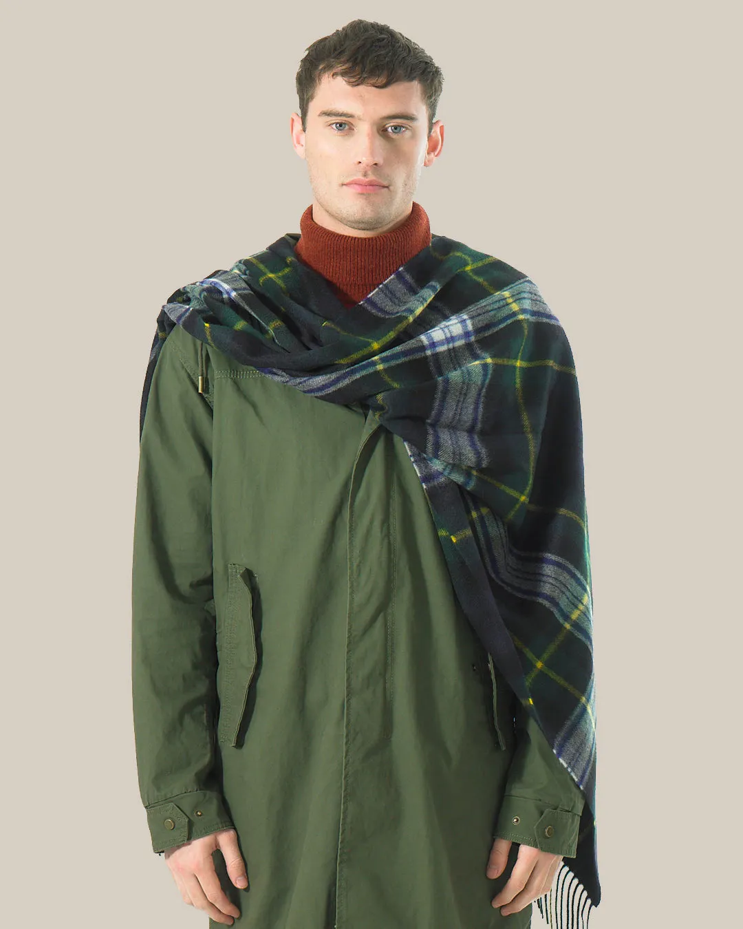 Joshua Ellis Dress Gordon Tartan Ripple Finish Wide Cashmere Scarf