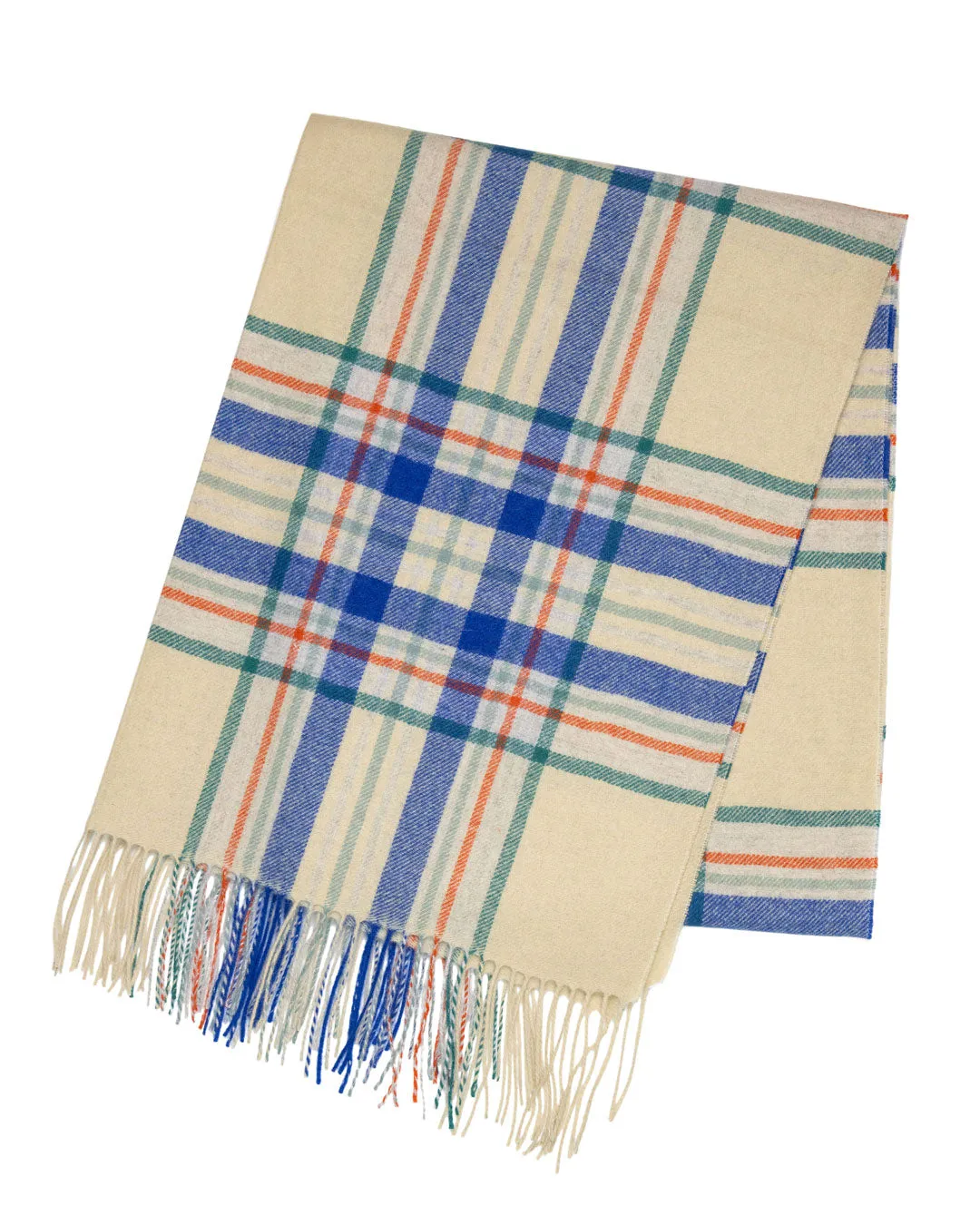 Joshua Ellis Featherweight Check Brushed 100% Cashmere  Stole Cream x Green x Orange