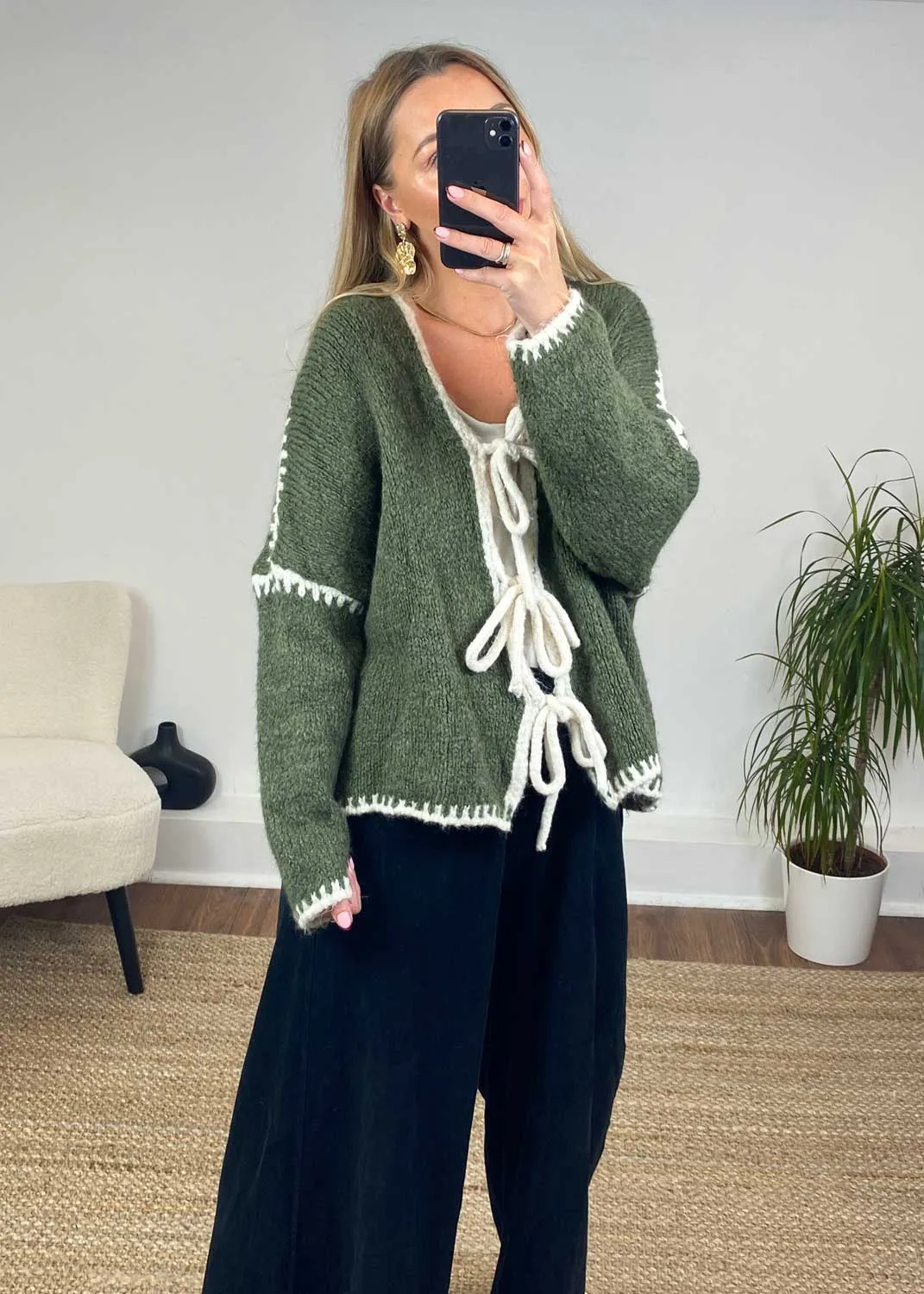 Jules Tie Front Stich Cardigan in Khaki