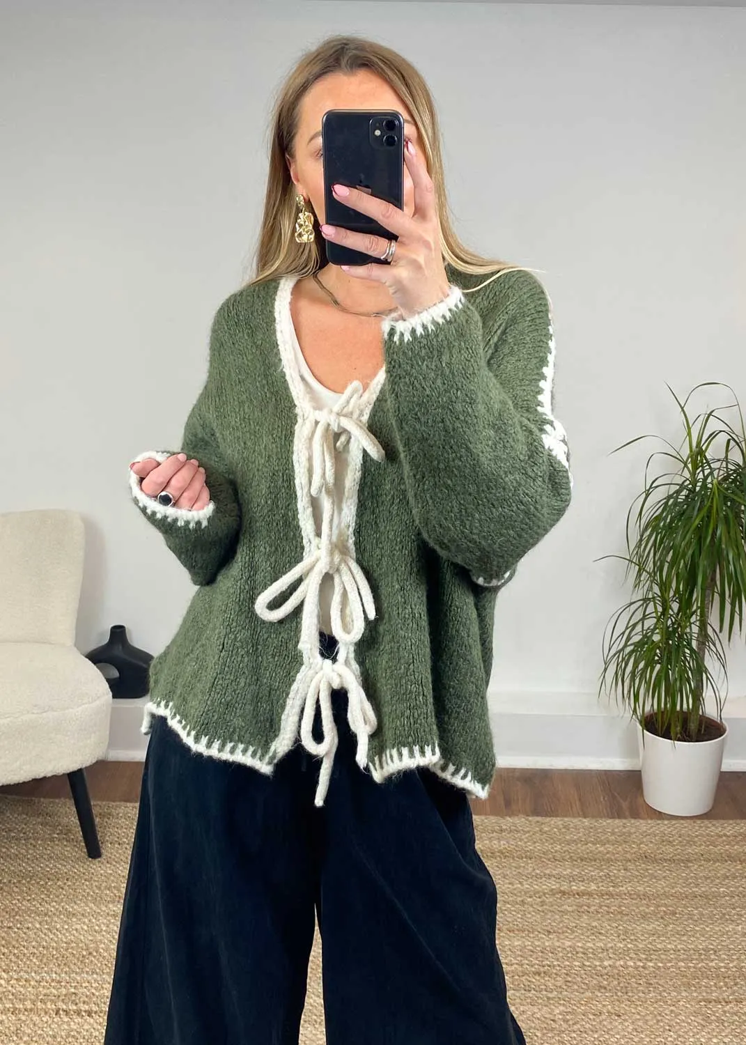Jules Tie Front Stich Cardigan in Khaki