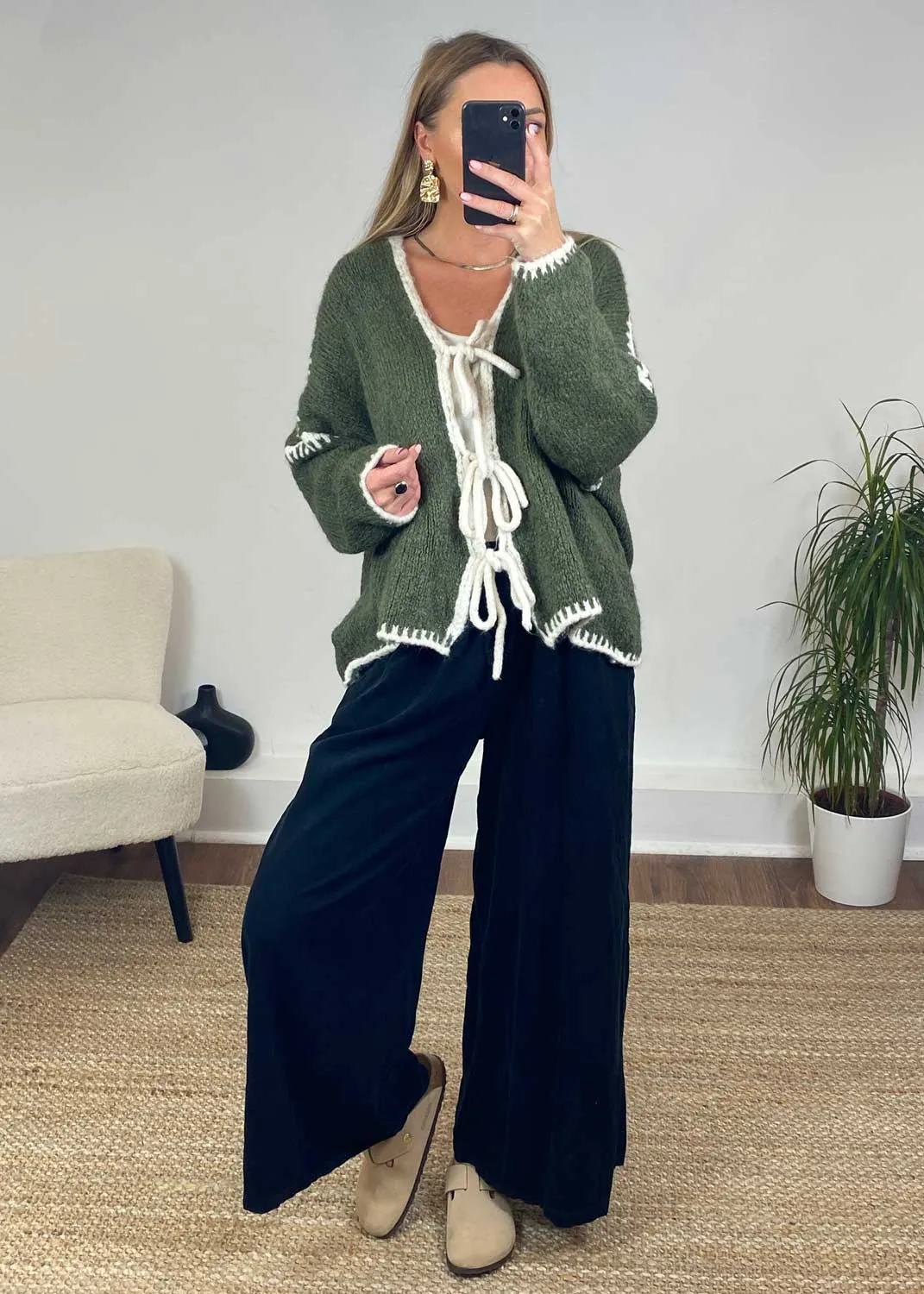 Jules Tie Front Stich Cardigan in Khaki