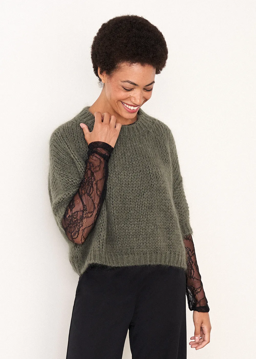 KITTY 1/2 SLEEVE SWEATER - KHAKI