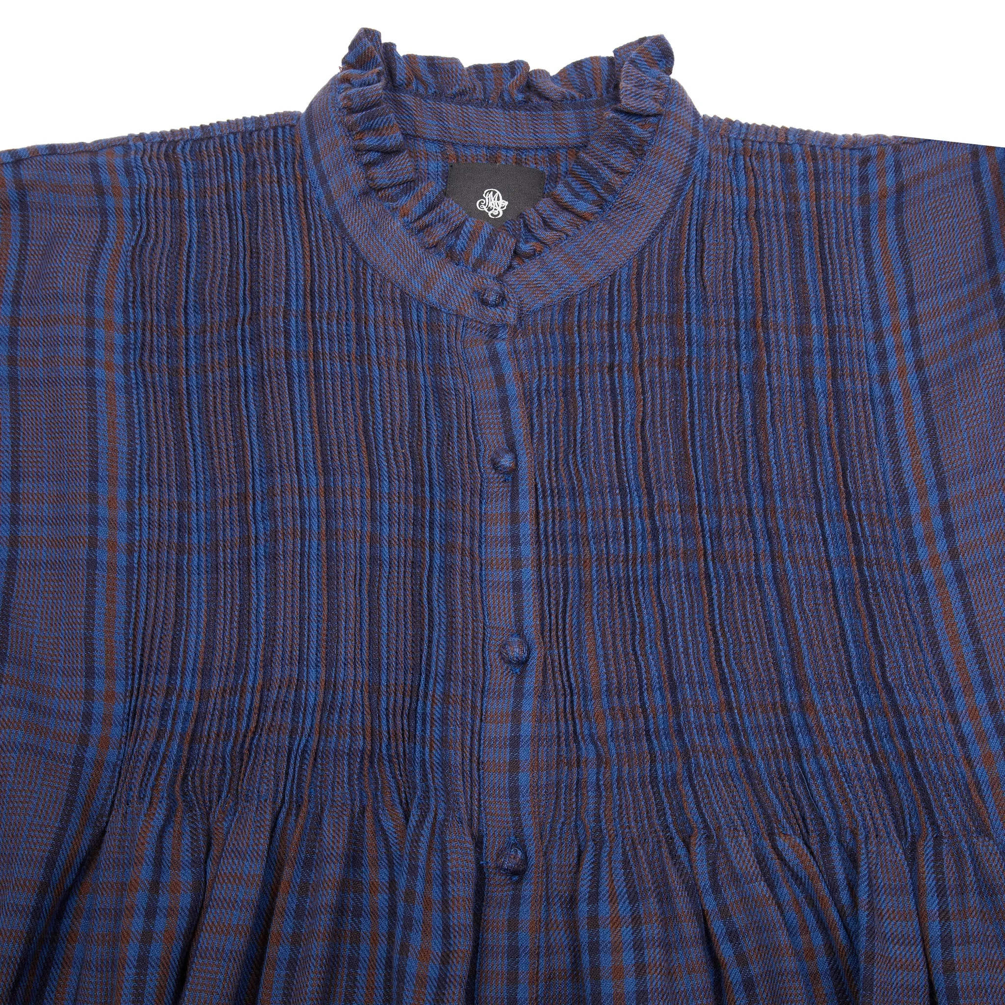 Maison De Soil Wool/Cotton Frill Collar Pintuck Shirt in Bright Navy and Brown Check