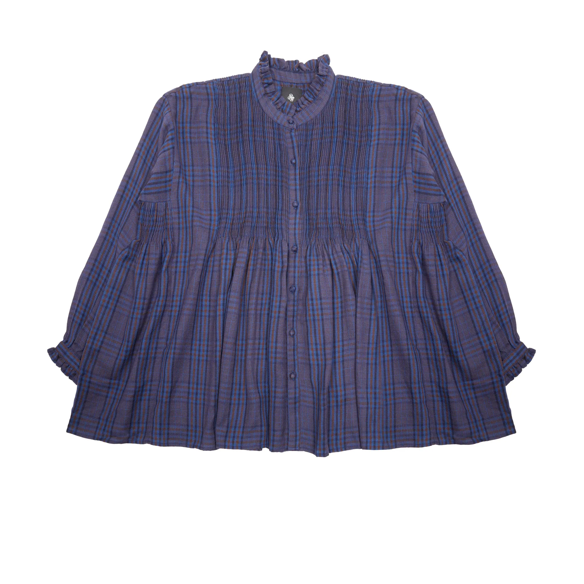 Maison De Soil Wool/Cotton Frill Collar Pintuck Shirt in Bright Navy and Brown Check