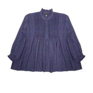 Maison De Soil Wool/Cotton Frill Collar Pintuck Shirt in Bright Navy and Brown Check