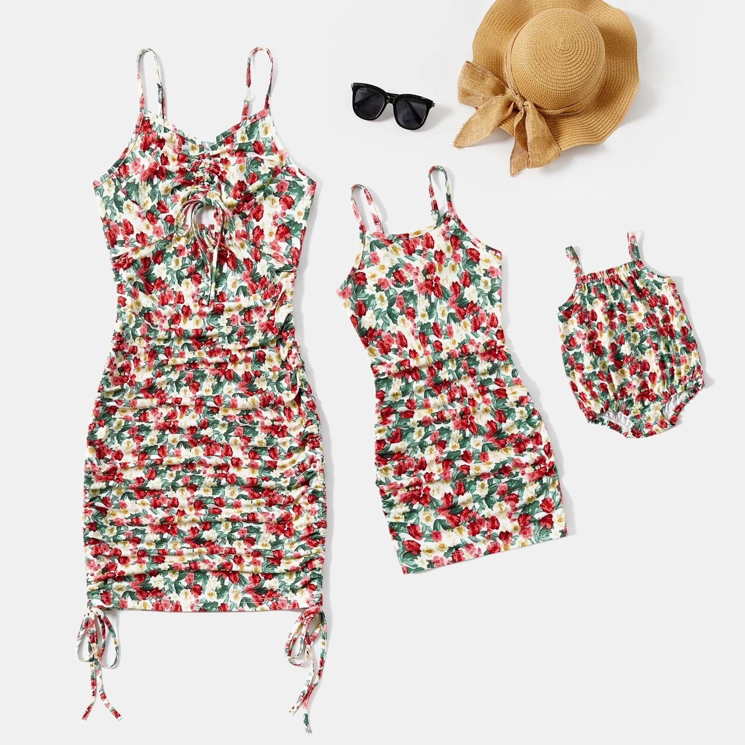 Mommy and Me Floral Print Ruched Side Slip Dresses