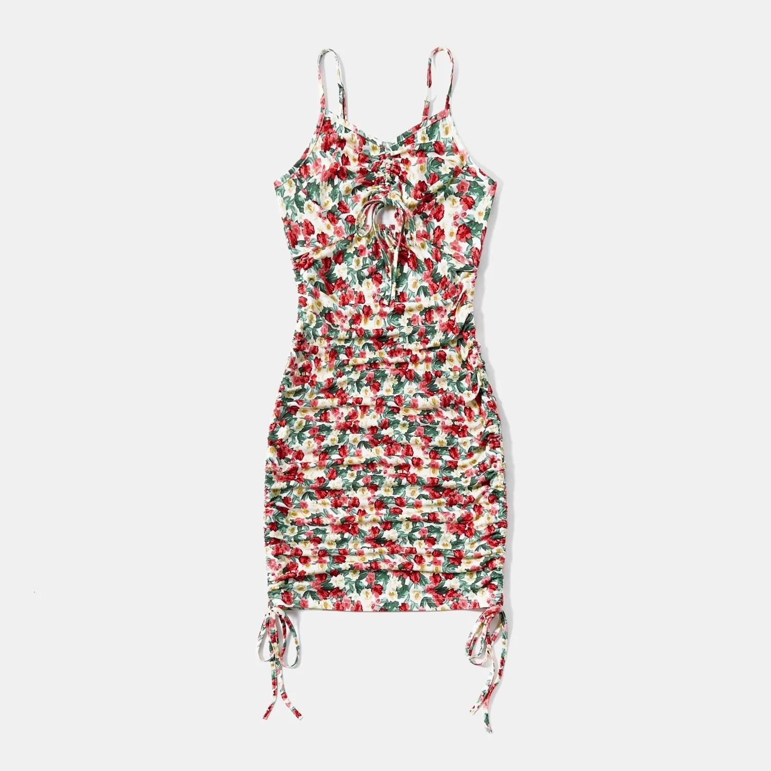 Mommy and Me Floral Print Ruched Side Slip Dresses