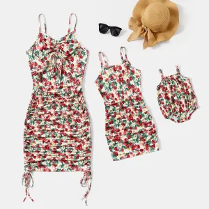 Mommy and Me Floral Print Ruched Side Slip Dresses
