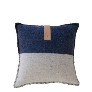 NAVY / GREY MERINO WOOL BLEND CUSHION WITH LEATHER 45cm x 45cm