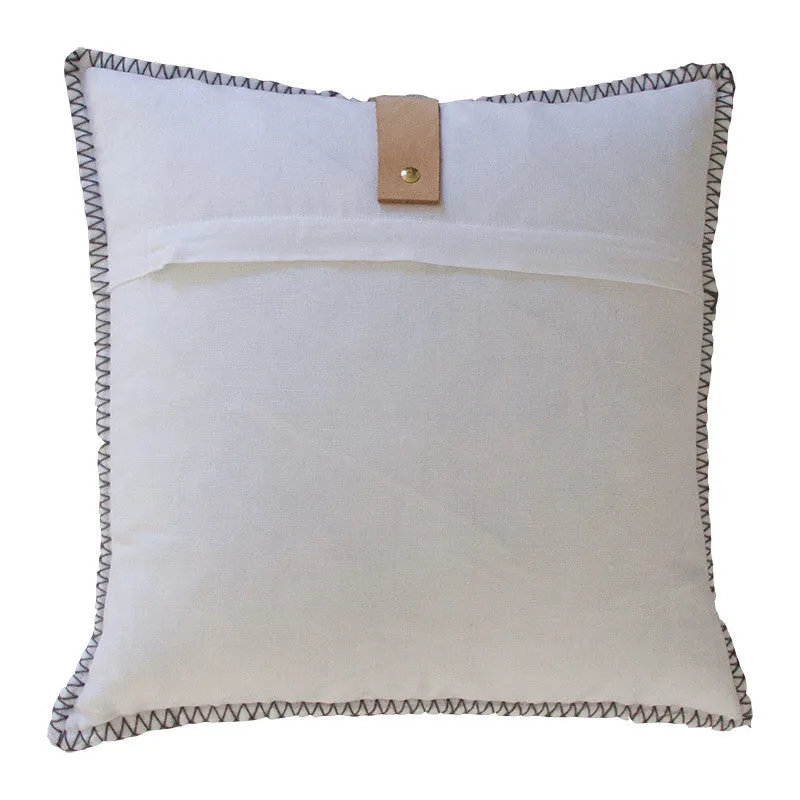 NAVY / GREY MERINO WOOL BLEND CUSHION WITH LEATHER 45cm x 45cm