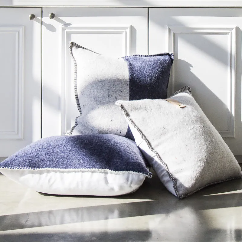 NAVY / GREY MERINO WOOL BLEND CUSHION WITH LEATHER 45cm x 45cm