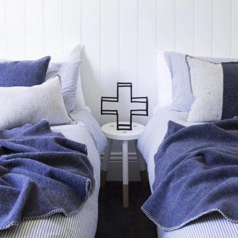 NAVY / GREY MERINO WOOL BLEND CUSHION WITH LEATHER 45cm x 45cm