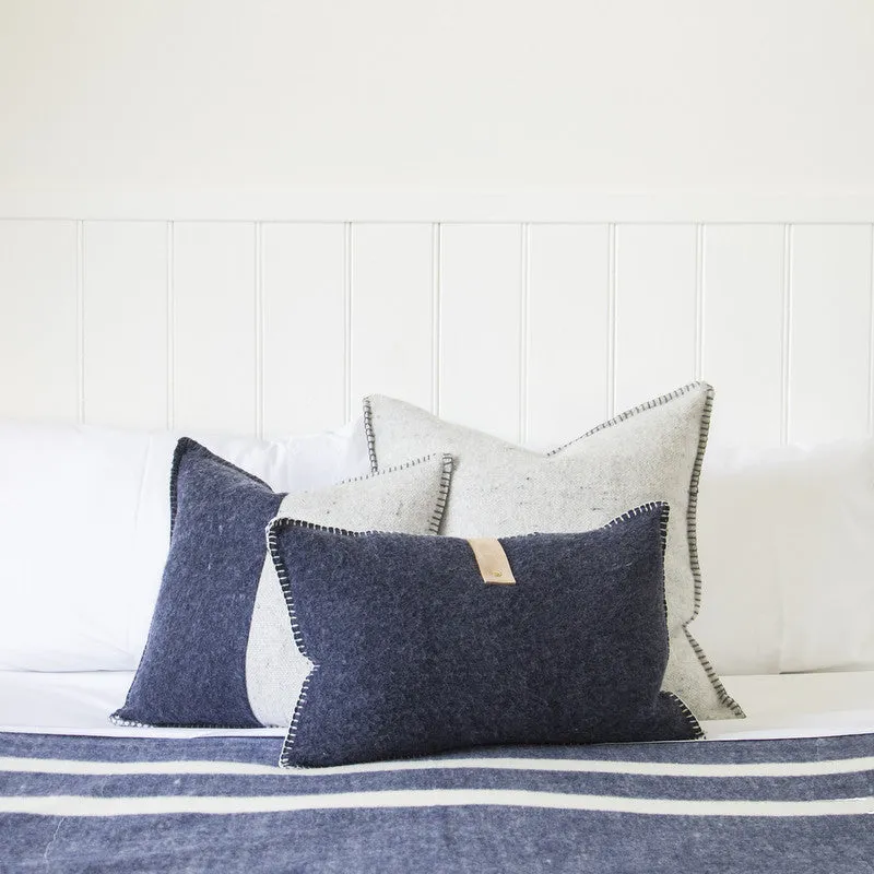 NAVY / GREY MERINO WOOL BLEND CUSHION WITH LEATHER 45cm x 45cm