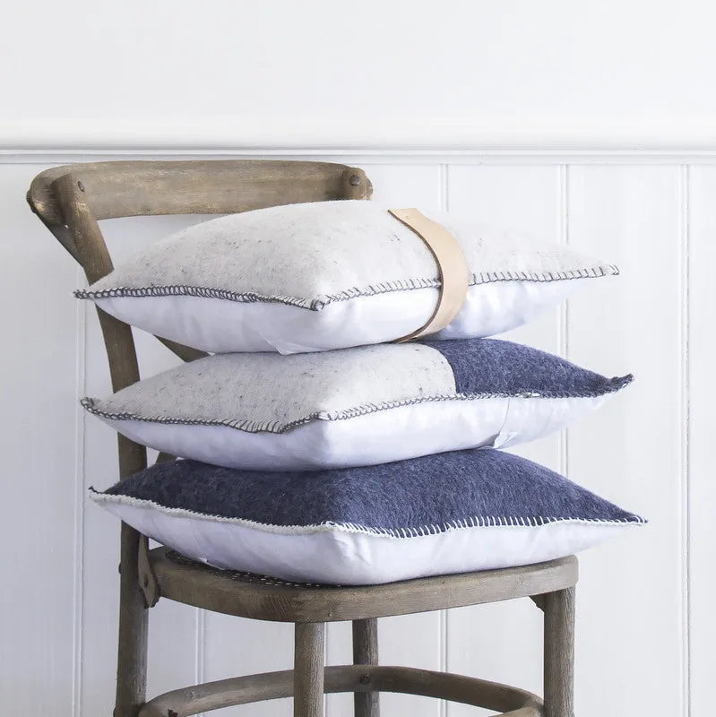NAVY / GREY MERINO WOOL BLEND CUSHION WITH LEATHER 45cm x 45cm