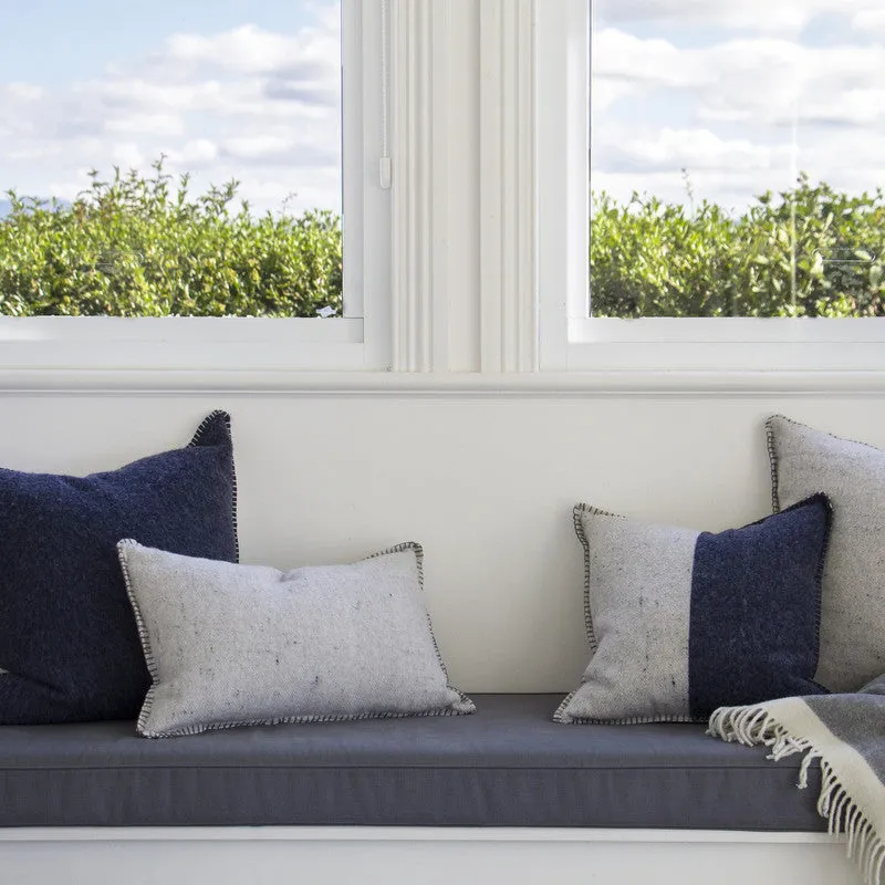 NAVY / GREY MERINO WOOL BLEND CUSHION WITH LEATHER 45cm x 45cm