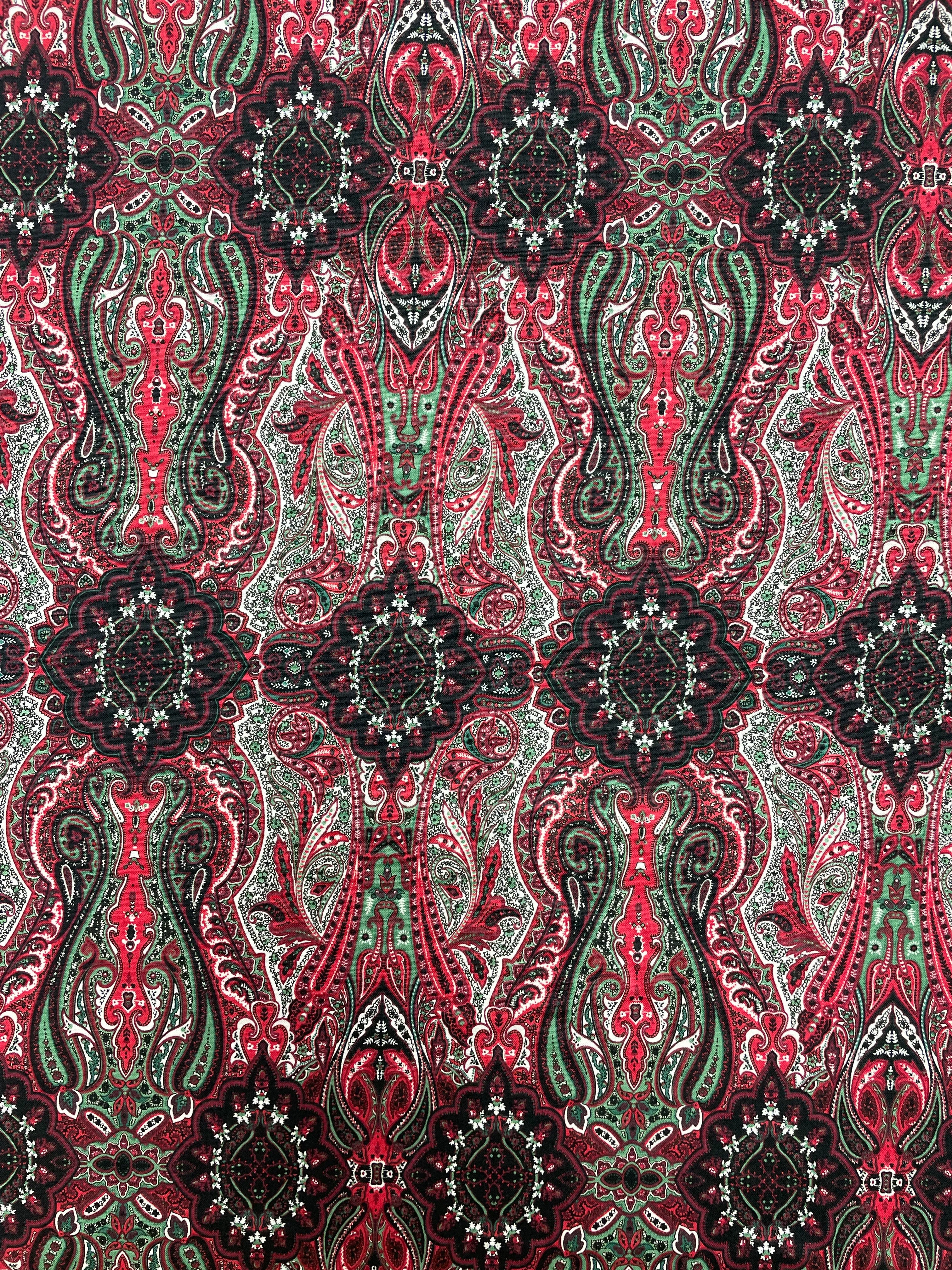 Quilting Cotton - Paisleys in Red, Green, Black and White