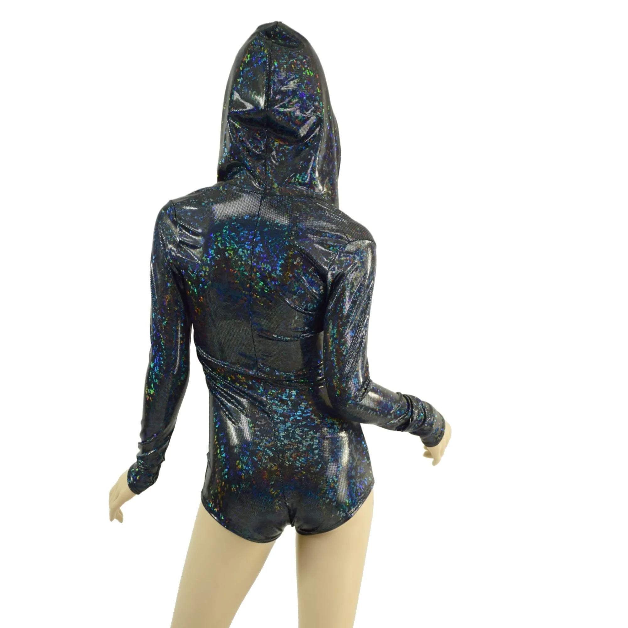 Ready to Ship Black Kaleidoscope Hooded Romper with Silver Front Zipper, Long Sleeves & Boy Cut Leg XS