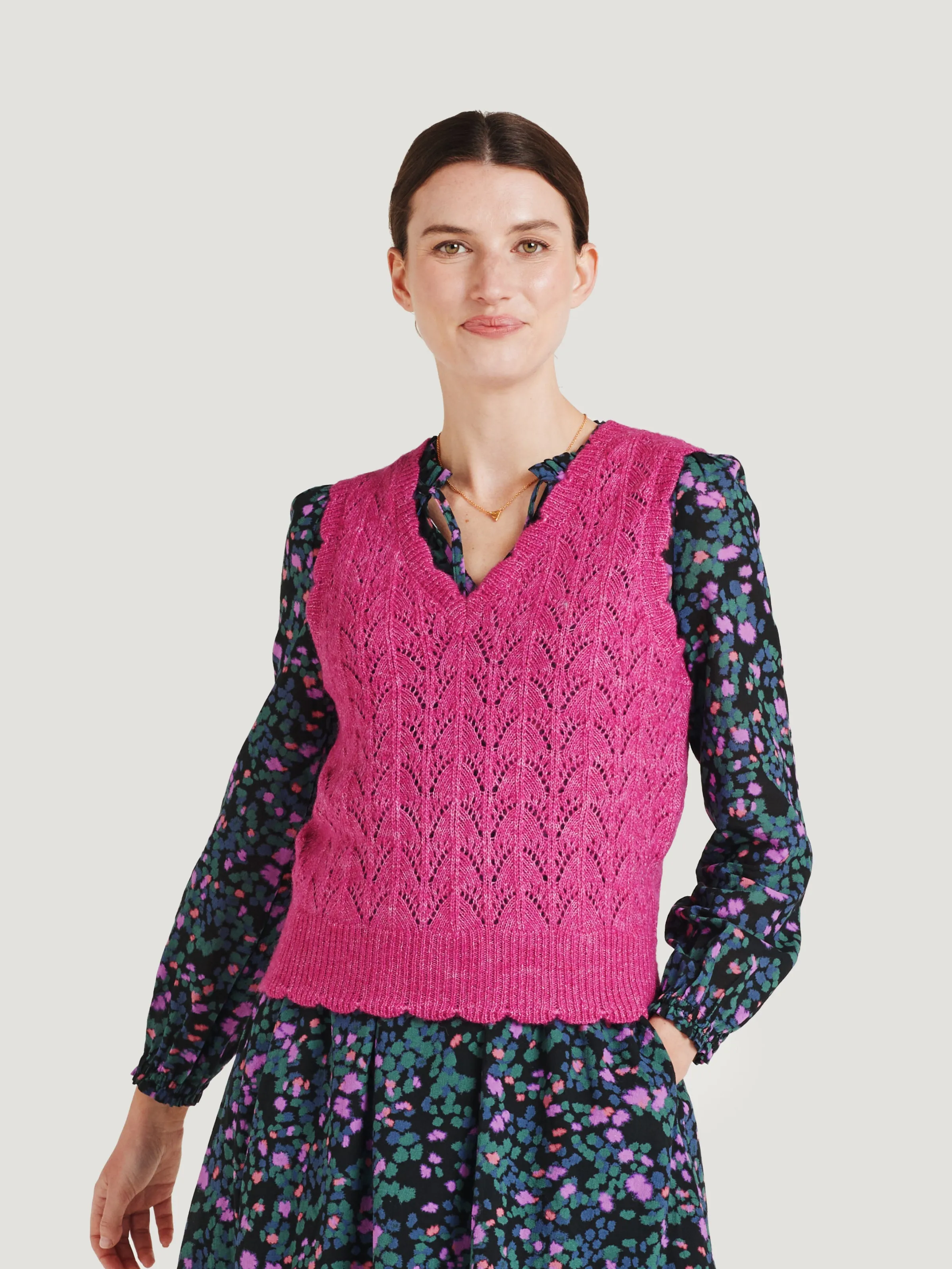 Rhea Wool Pointelle Knit Vest - Magenta Pink