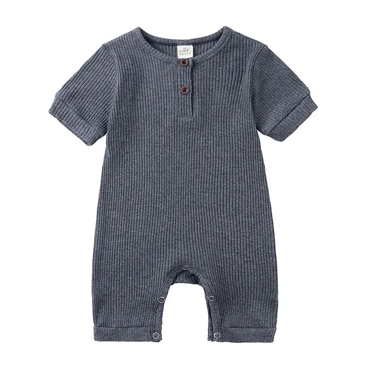 Solid Color Short Sleeves Button Down Rompers
