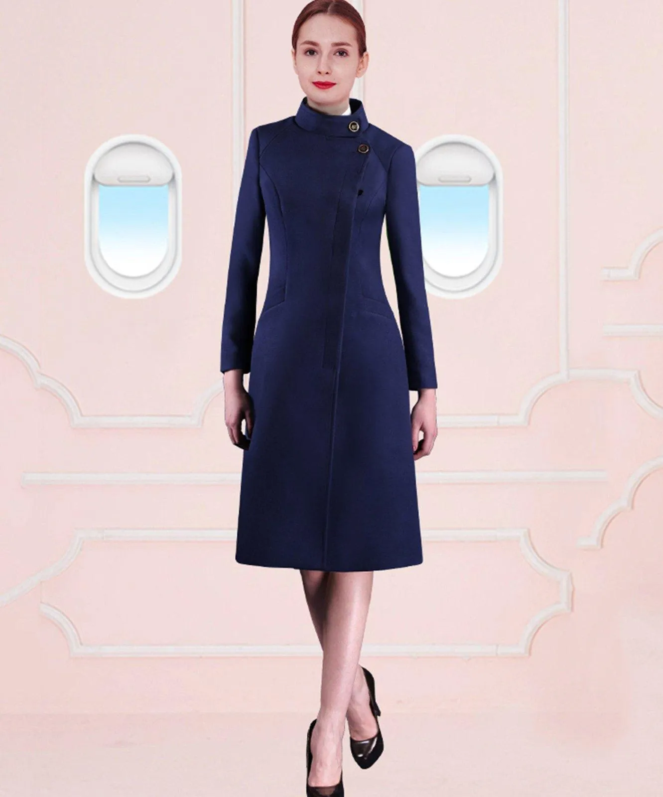 Stand Collar Wrap Slim Waist Longline Wool Blend Coat
