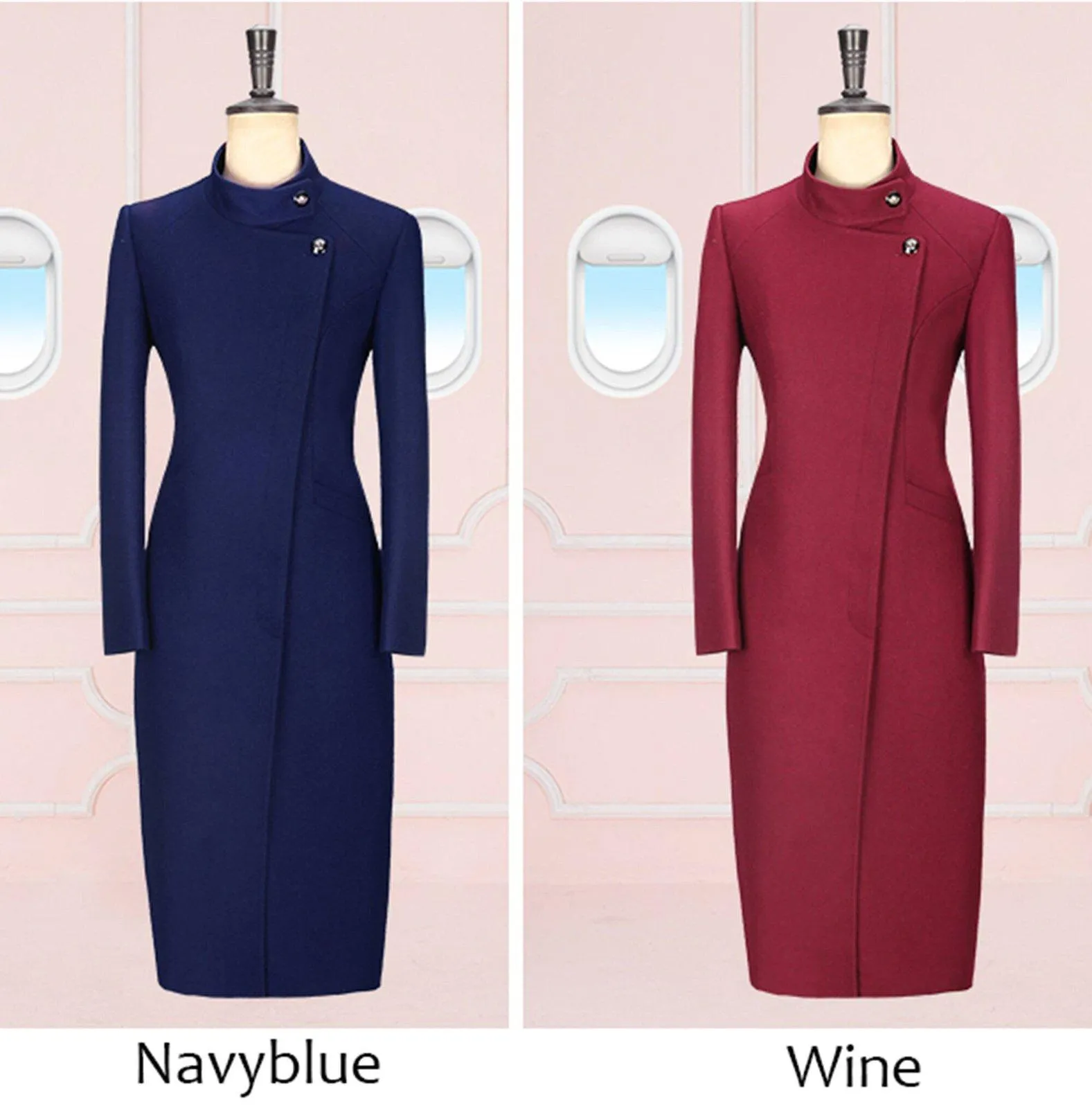 Stand Collar Wrap Slim Waist Longline Wool Blend Coat