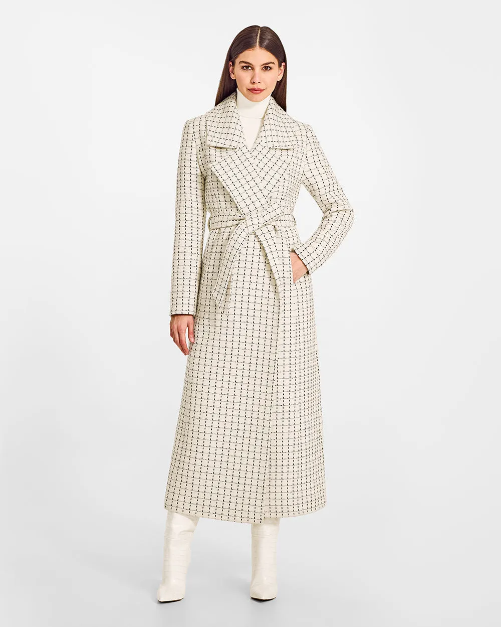 Tweed Baby Alpaca Maxi Notched Collar Wrap Coat