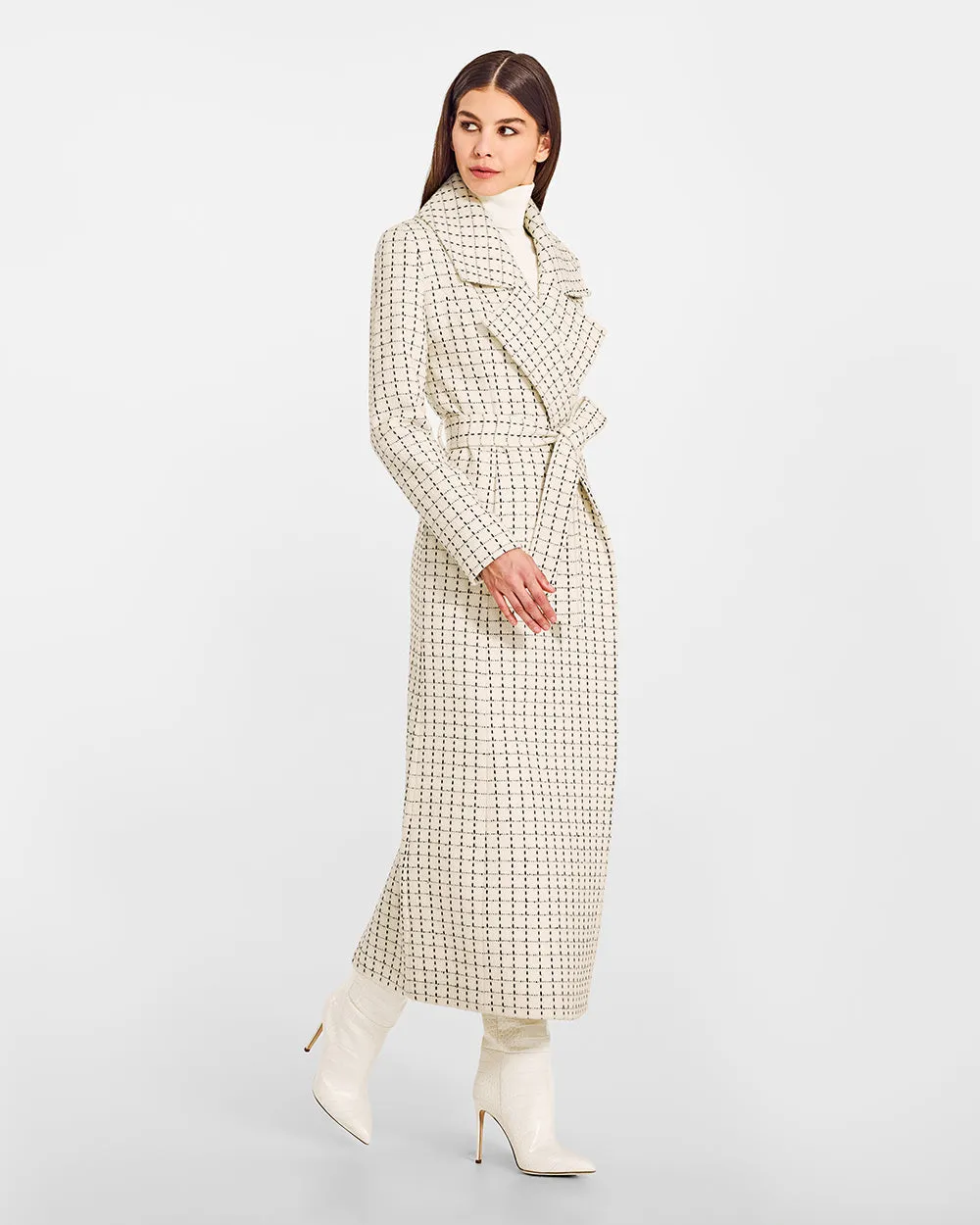 Tweed Baby Alpaca Maxi Notched Collar Wrap Coat