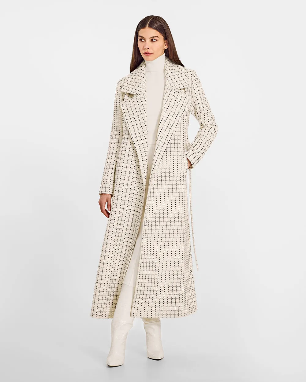 Tweed Baby Alpaca Maxi Notched Collar Wrap Coat