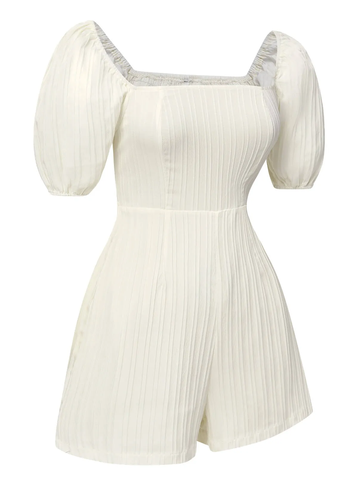 White 1960s Solid Puff Square Neck Romper