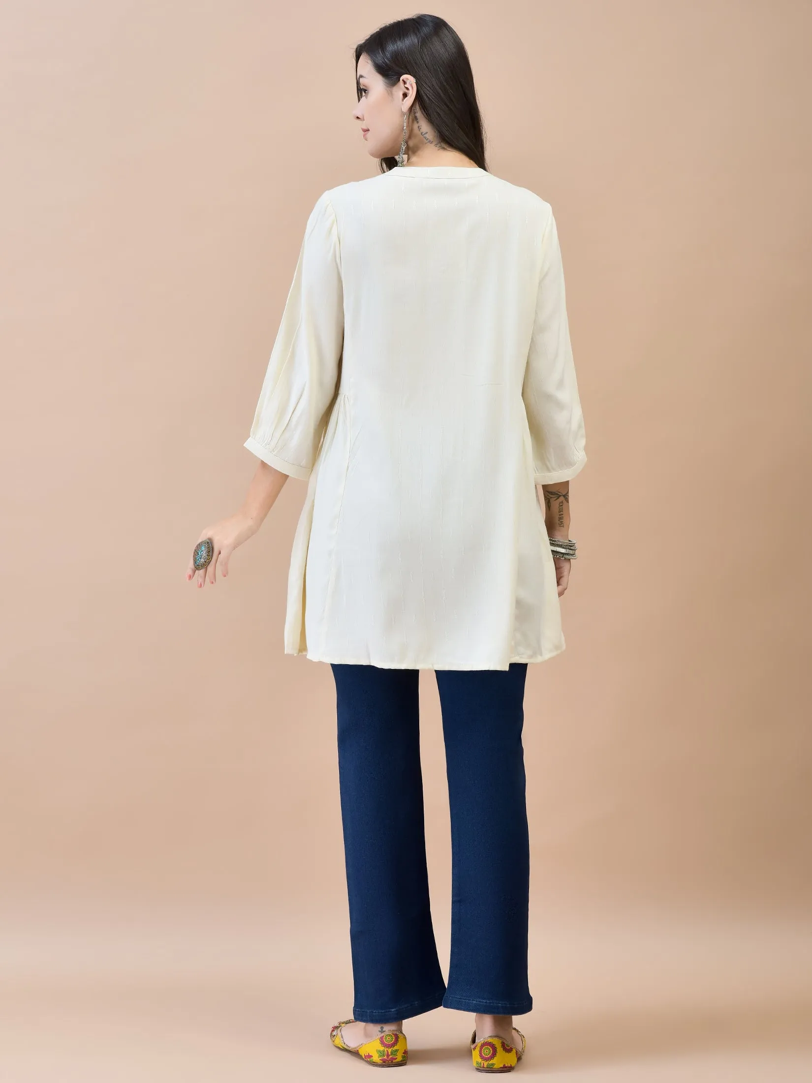Women Liva (Rayon) Off White Embroidered Tunic
